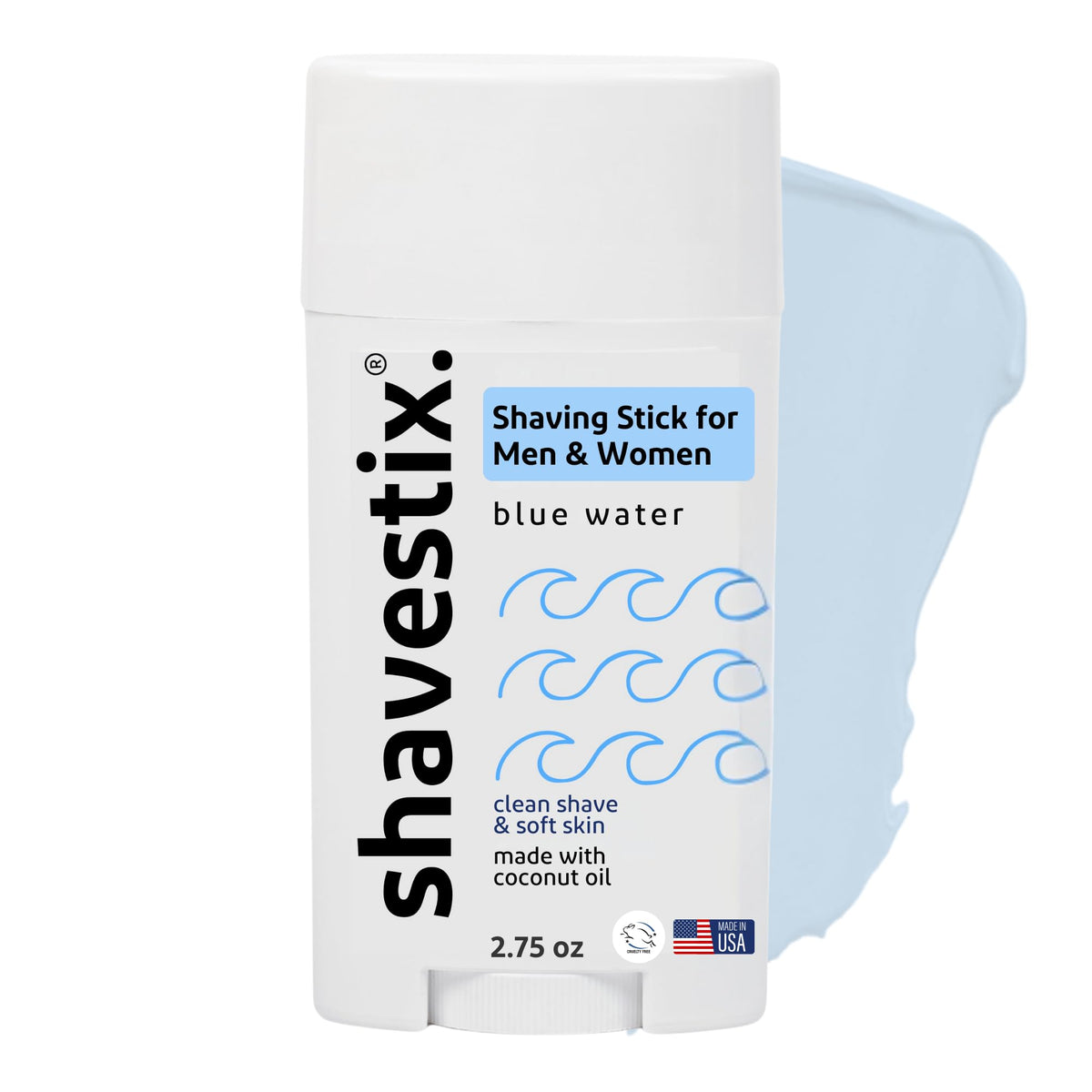 Shavestix travel shaving cream stick in blue water scent, ideal for portable grooming on trips.