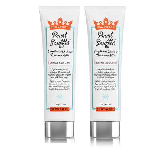 Shaveworks Pearl Soufflé Cream bottle showing hydrating formula for smooth skin.