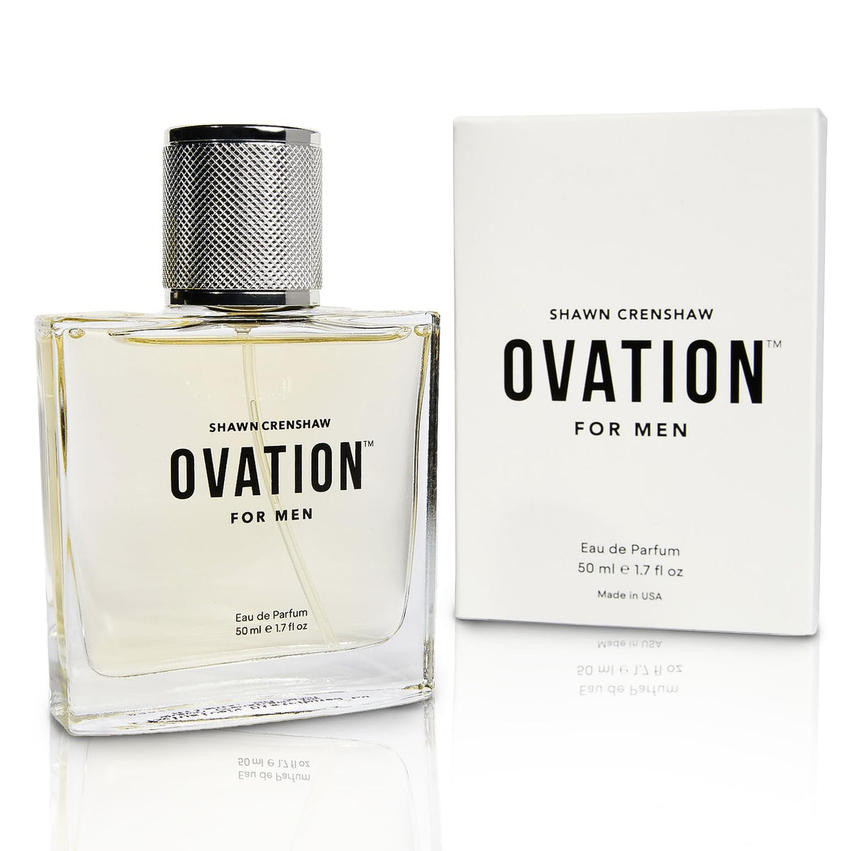 Shawn Crenshaw Ovation for Men bottle front, refined signature fragrance.