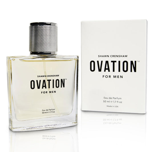 Shawn Crenshaw Ovation for Men bottle front, refined signature fragrance.