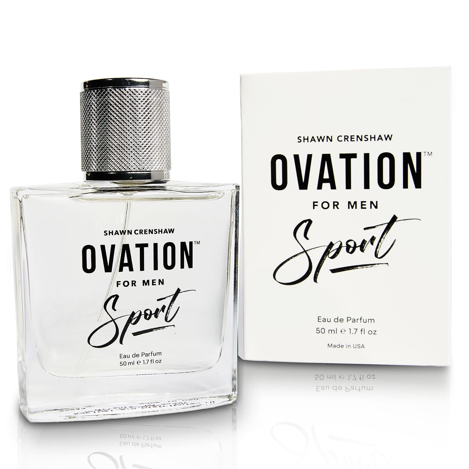 Shawn Crenshaw Ovation Sport bottle close-up emphasizing fresh citrus and woody base for daily wear