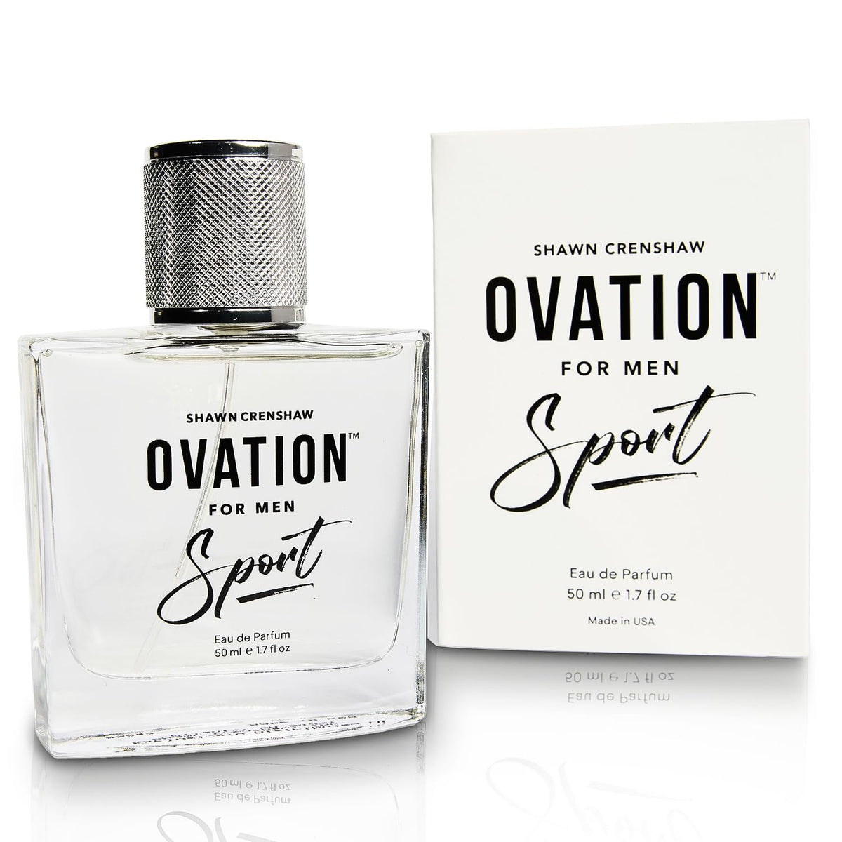 Shawn Crenshaw Ovation Sport bottle close-up emphasizing fresh citrus and woody base for daily wear