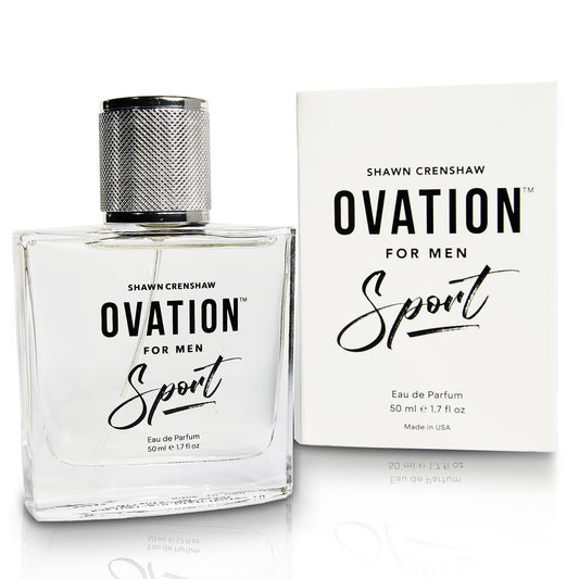 Shawn Crenshaw Ovation Sport bottle close-up emphasizing fresh citrus and woody base for daily wear