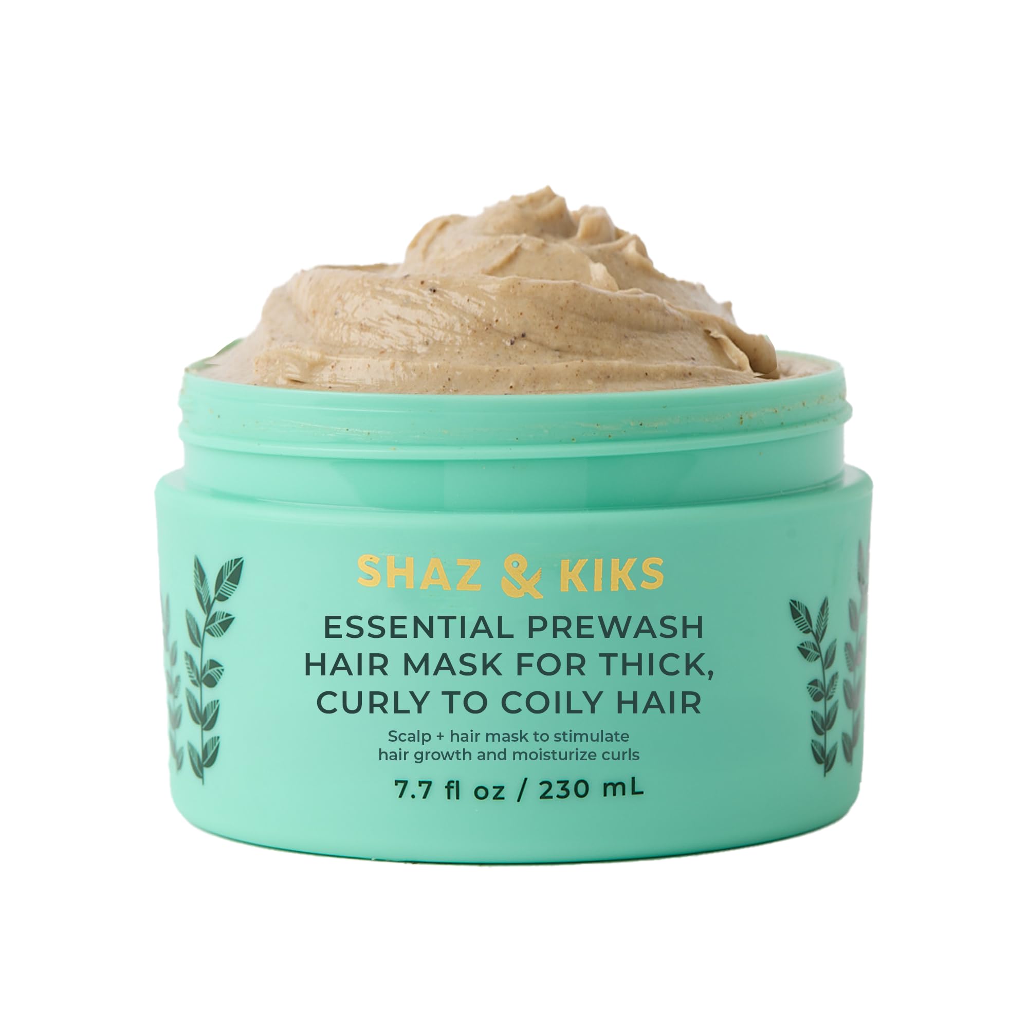 SHAZ & KIKS essential prewash scalp-hair mask bottle showing hydration for thick curls