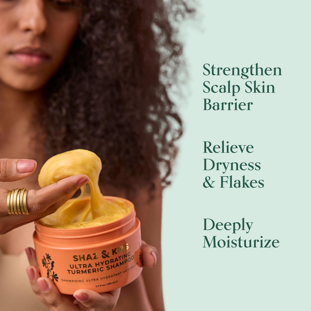 SHAZ & KIKS turmeric oil detail highlight soothing scalp nourishment.