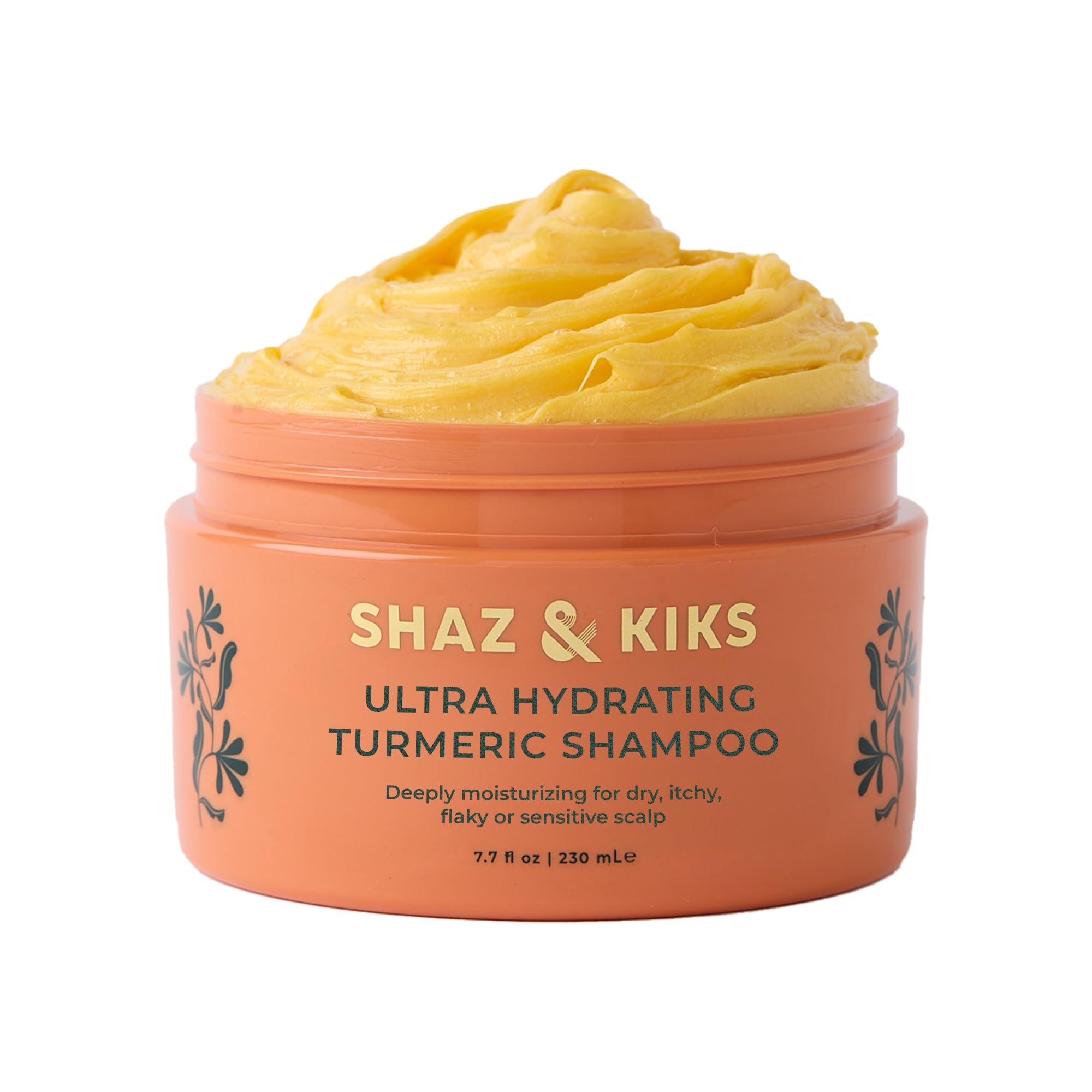 SHAZ & KIKS Ultra Hydrating Turmeric Shampoo bottle delivering deep moisture for dry scalps.