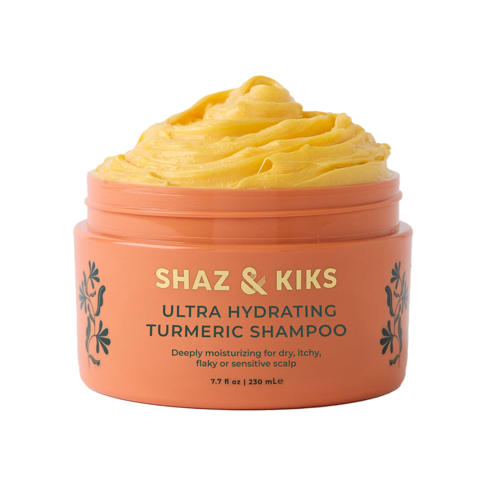 SHAZ & KIKS Ultra Hydrating Turmeric Shampoo bottle delivering deep moisture for dry scalps.