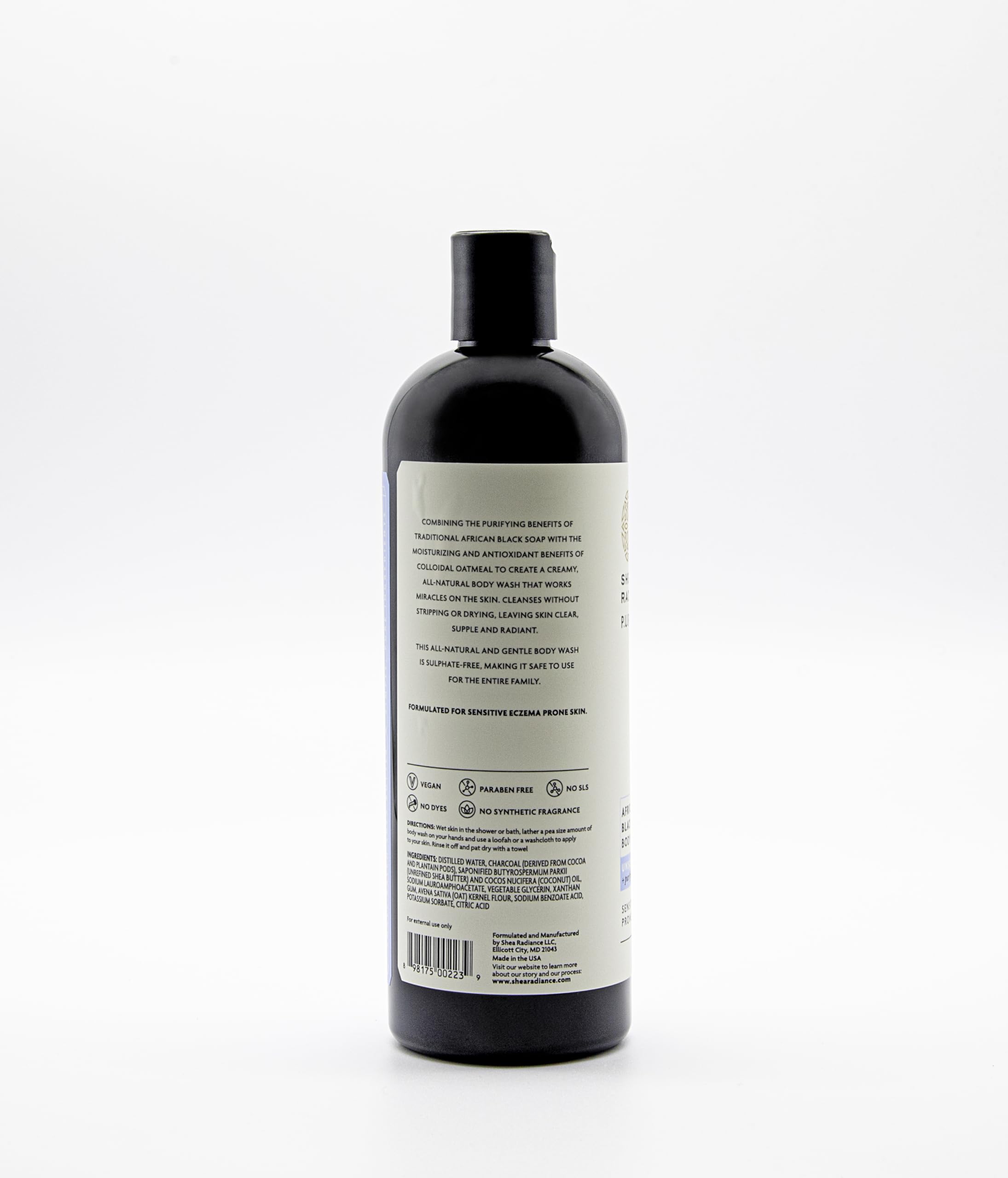 Shea Radiance African Black Soap Body Wash bottle back label with vegan, daily cleansing