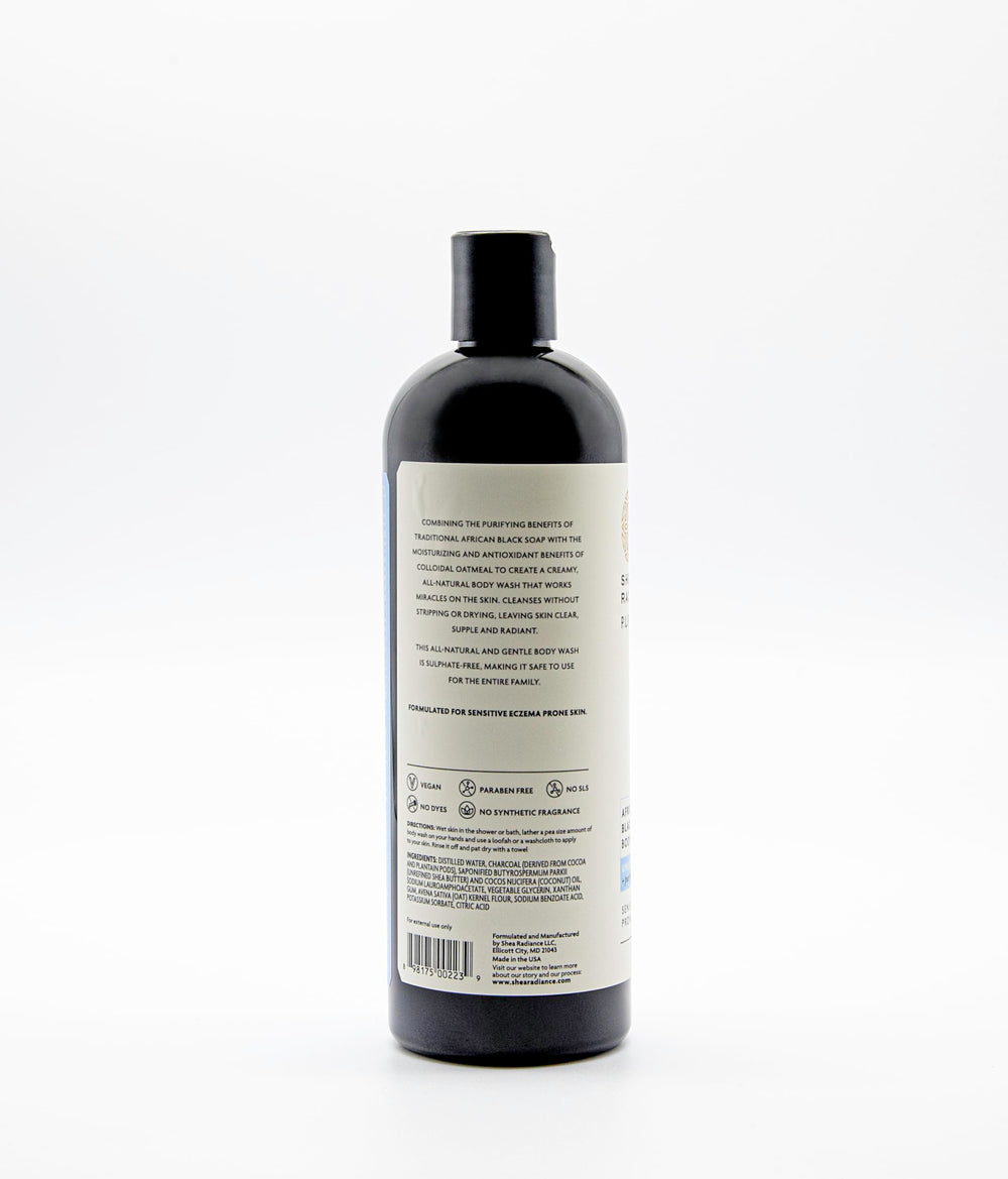 Shea Radiance African Black Soap Body Wash bottle back label with vegan, daily cleansing