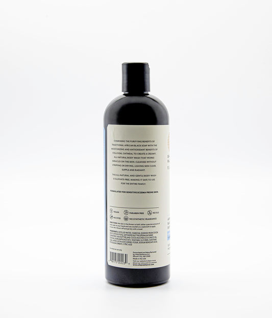 Shea Radiance African Black Soap Body Wash bottle back label with vegan, daily cleansing