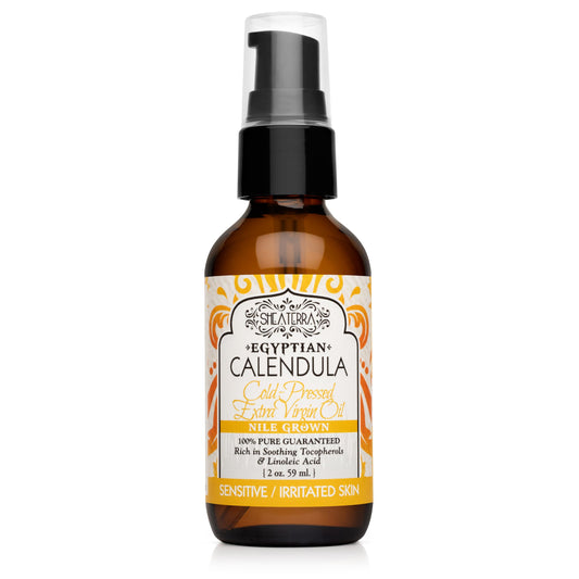Shea Terra Egyptian Calendula Oil bottle for daily skin nourishment.