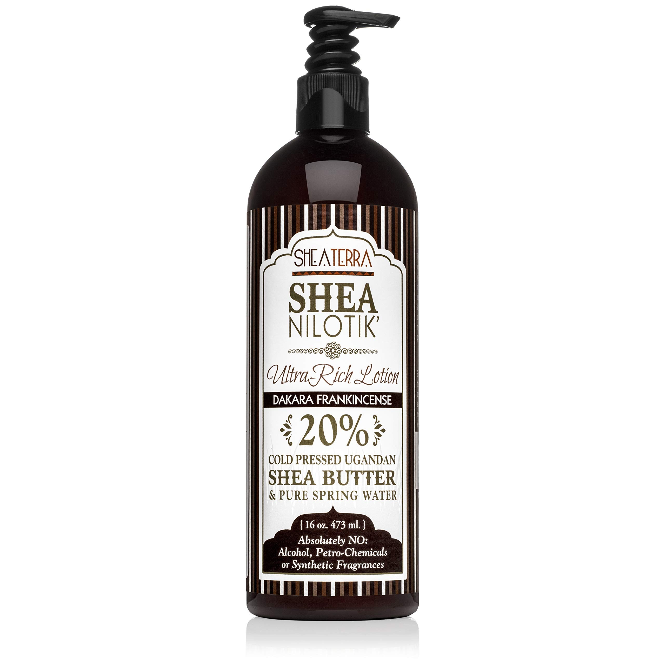 Shea Terra Nilotik lotion with Dakara frankincense bottle front for daily hydration.