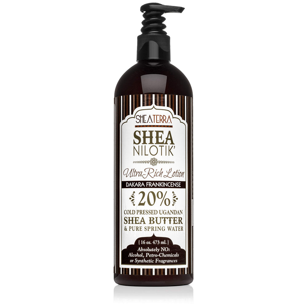 Shea Terra Nilotik lotion with Dakara frankincense bottle front for daily hydration.