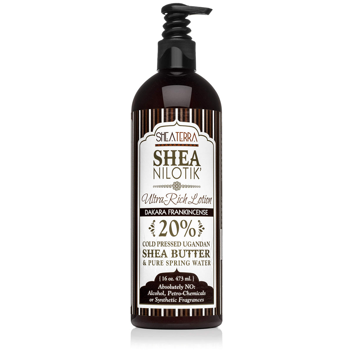 Shea Terra Nilotik lotion with Dakara frankincense bottle front for daily hydration.