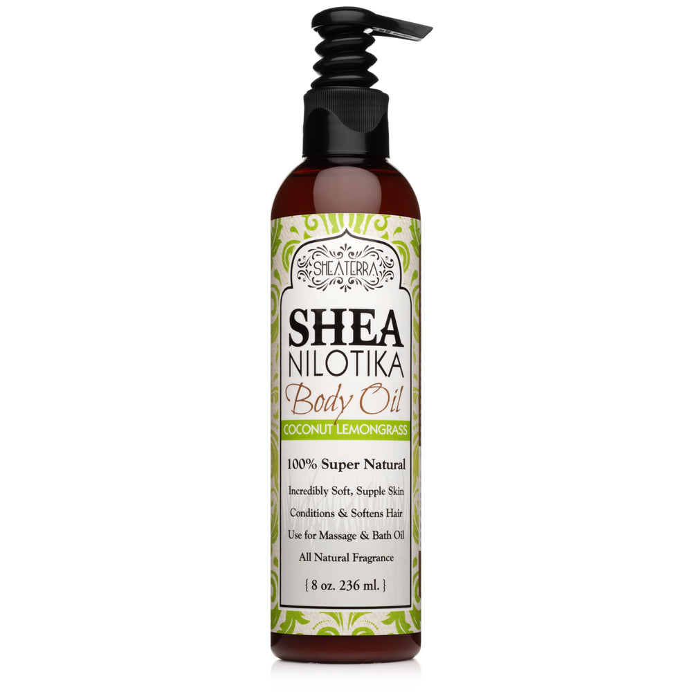 Shea Terra Nilotik Oil bottle with coconut lemongrass scent for daily skin care