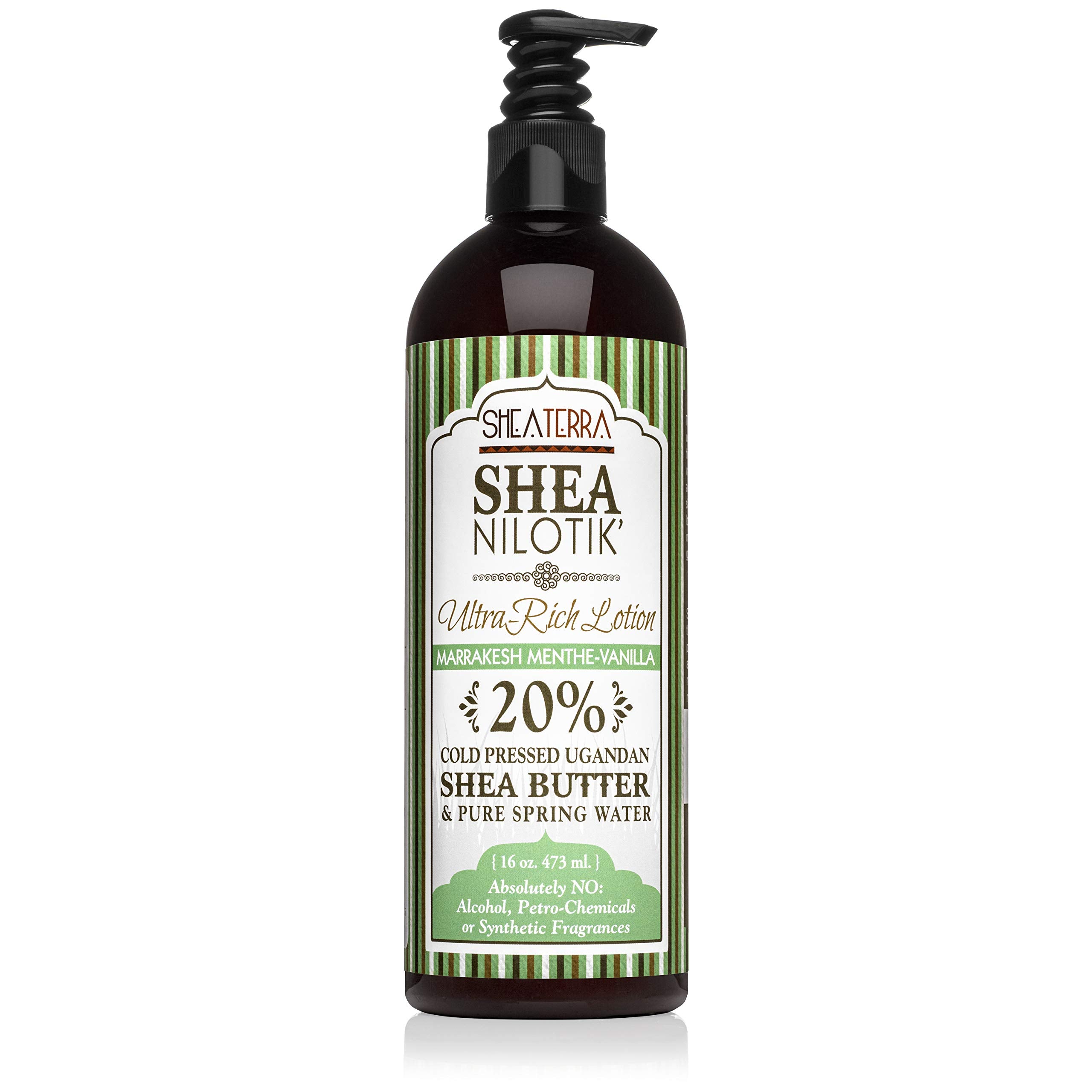Shea Terra Nilotik’ lotion bottle packaging for daily hydration.