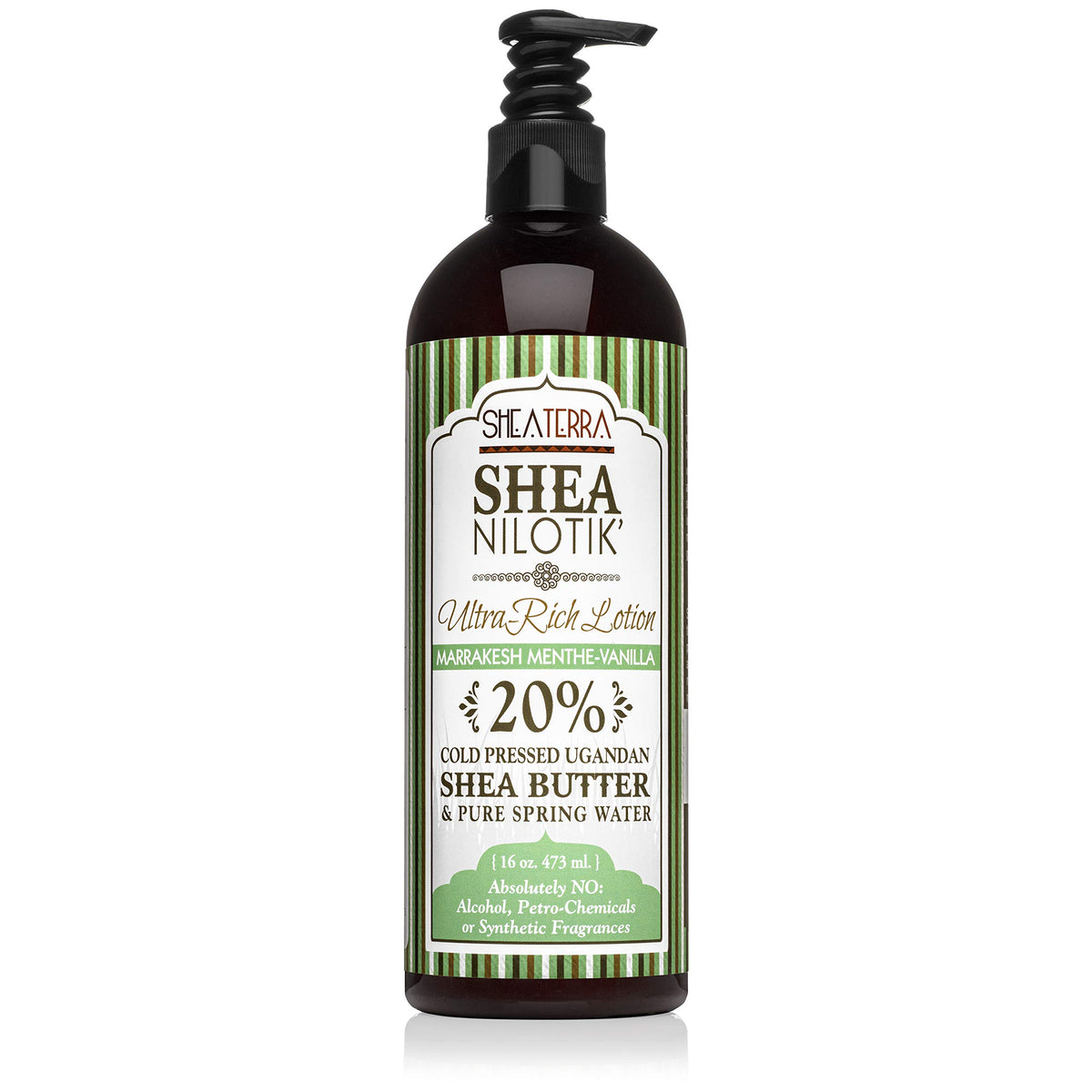 Shea Terra Nilotik’ lotion bottle packaging for daily hydration.