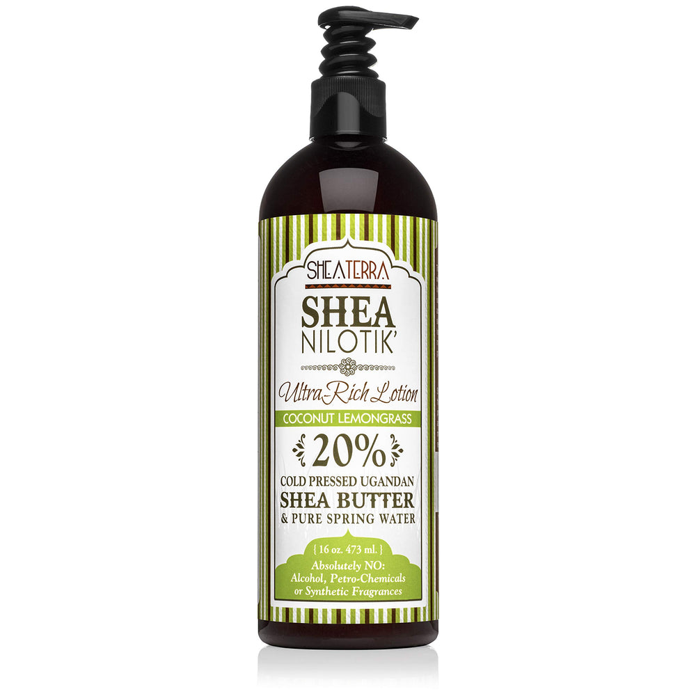 Shea Terra Organics Nilotik’ lotion bottle with coconut lemongrass for rich hydration.