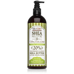 Shea Terra Organics Nilotik’ lotion bottle with coconut lemongrass for rich hydration.