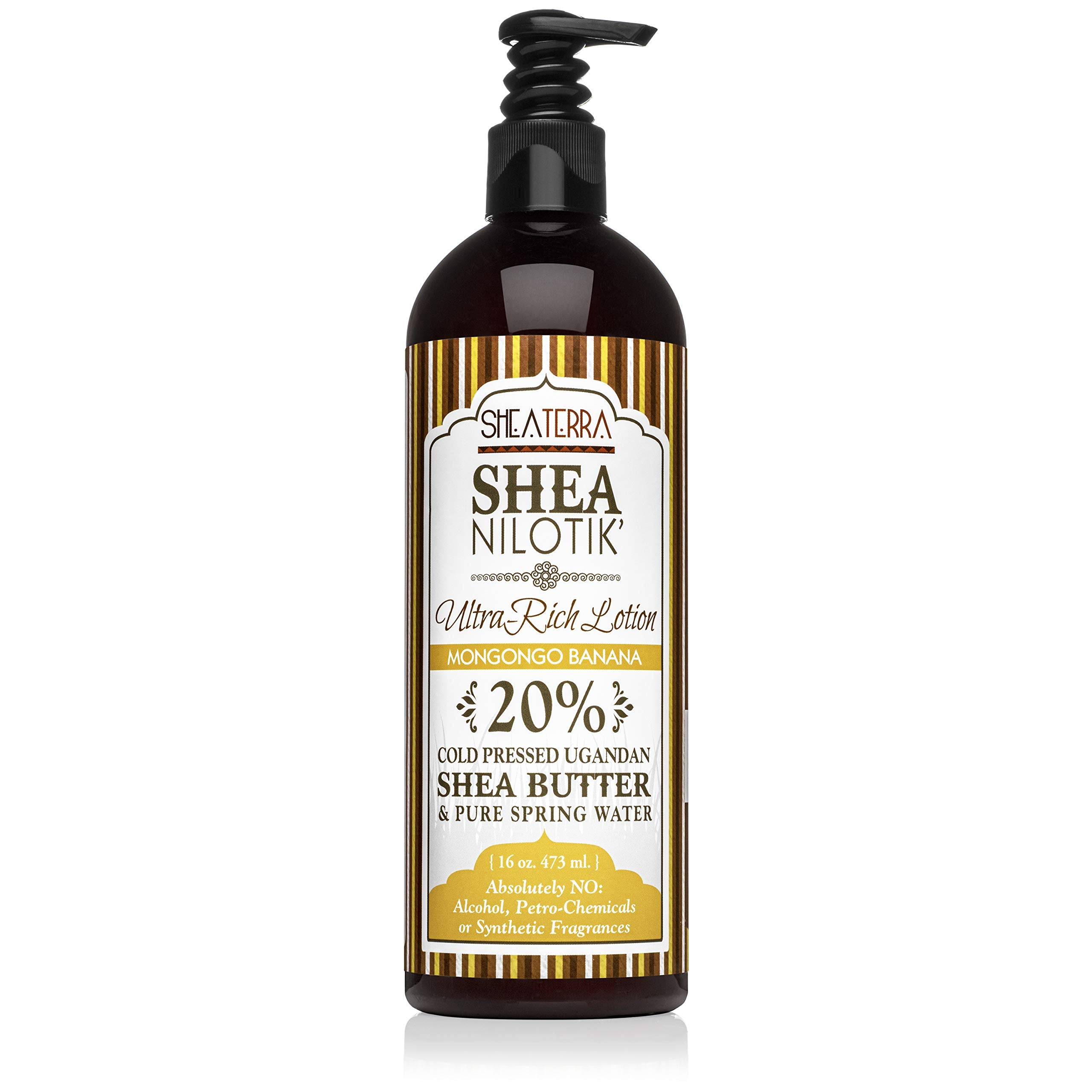 Shea Terra Organics Nilotik’ lotion bottle with mongongo banana aroma for daily hydration.