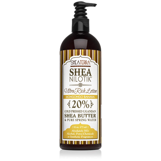 Shea Terra Organics Nilotik’ lotion bottle with mongongo banana aroma for daily hydration.