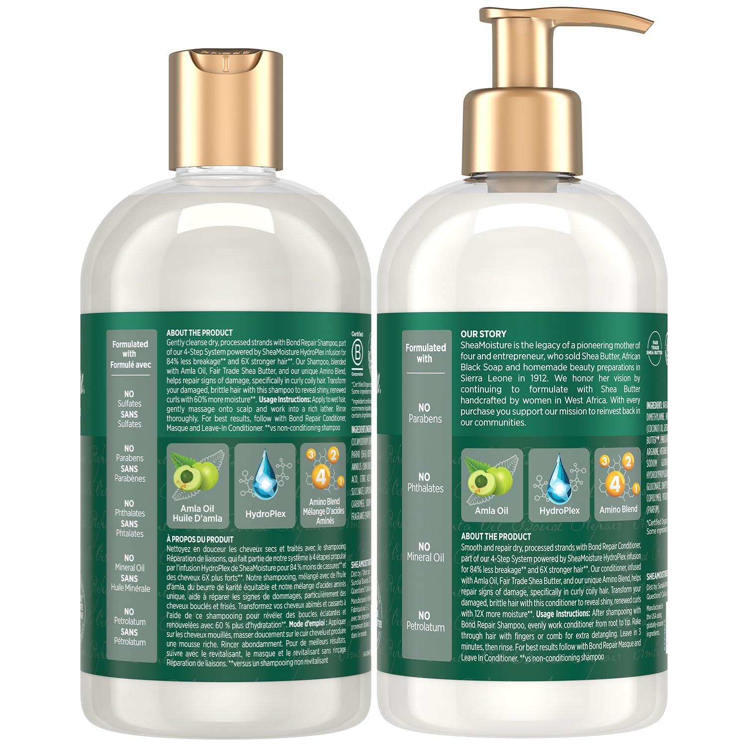 SheaMoisture Amla Bond Repair Conditioner bottle promotes shine and detangling for textured hair.
