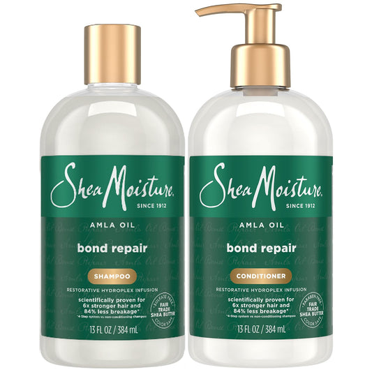 SheaMoisture Amla Bond Repair Shampoo bottle demonstrates frizz control for curly hair.