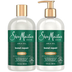 SheaMoisture Amla Bond Repair Shampoo bottle demonstrates frizz control for curly hair.