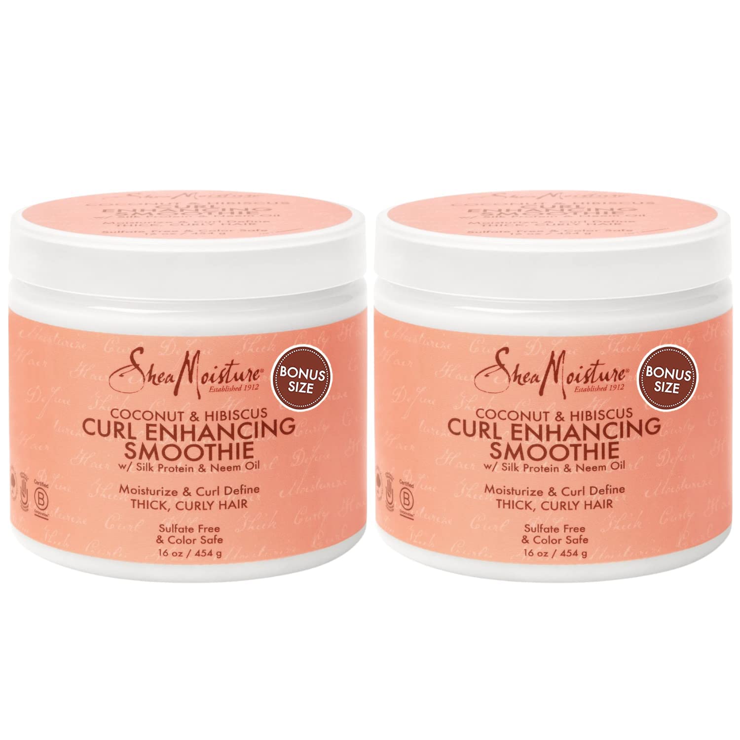 Brand SheaMoisture Coconut Hibiscus Curl Smoothie bottle demonstrates frizz control and curl moisture.