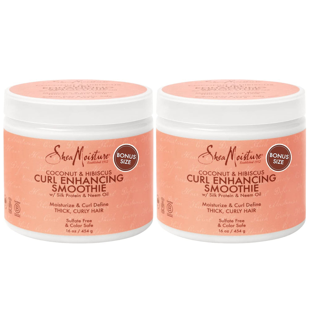 Brand SheaMoisture Coconut Hibiscus Curl Smoothie bottle demonstrates frizz control and curl moisture.