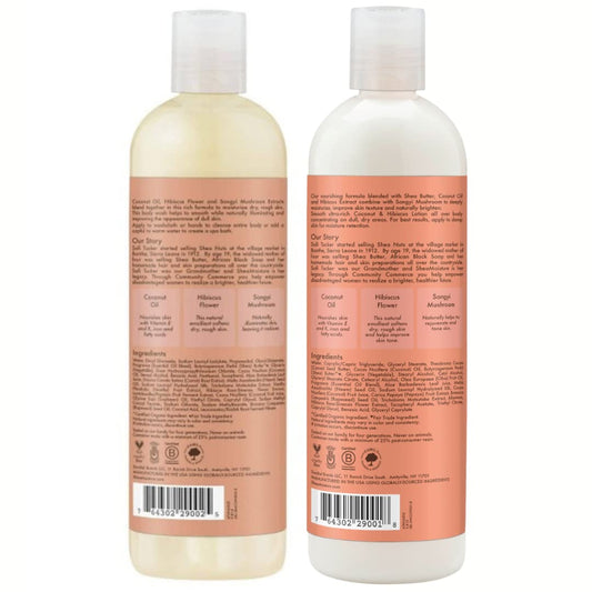 SheaMoisture Coconut Hibiscus lotion pump highlights fast absorbing hydration