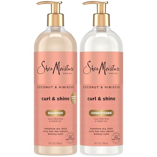 SheaMoisture Coconut & Hibiscus shampoo bottle front, highlighting frizz control for curls.