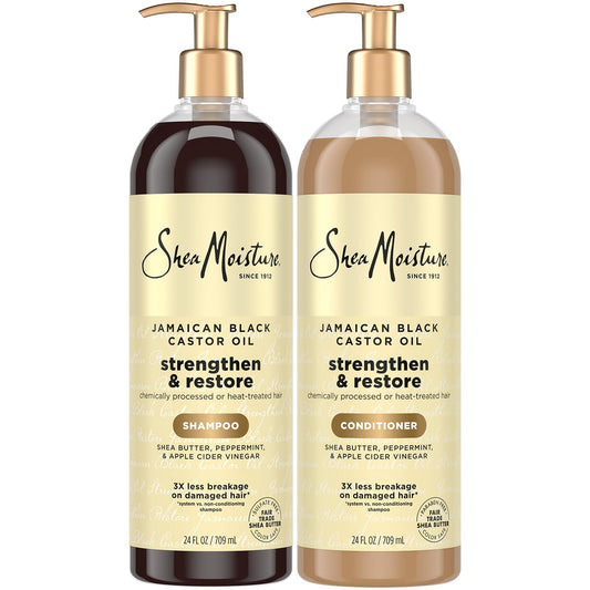 SheaMoisture Jamaican Black Castor Oil Strengthen & Restore Shampoo bottle nourishes hair.