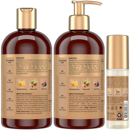 SheaMoisture Manuka Honey and Mafura Conditioner bottle enhances shine and smoothness