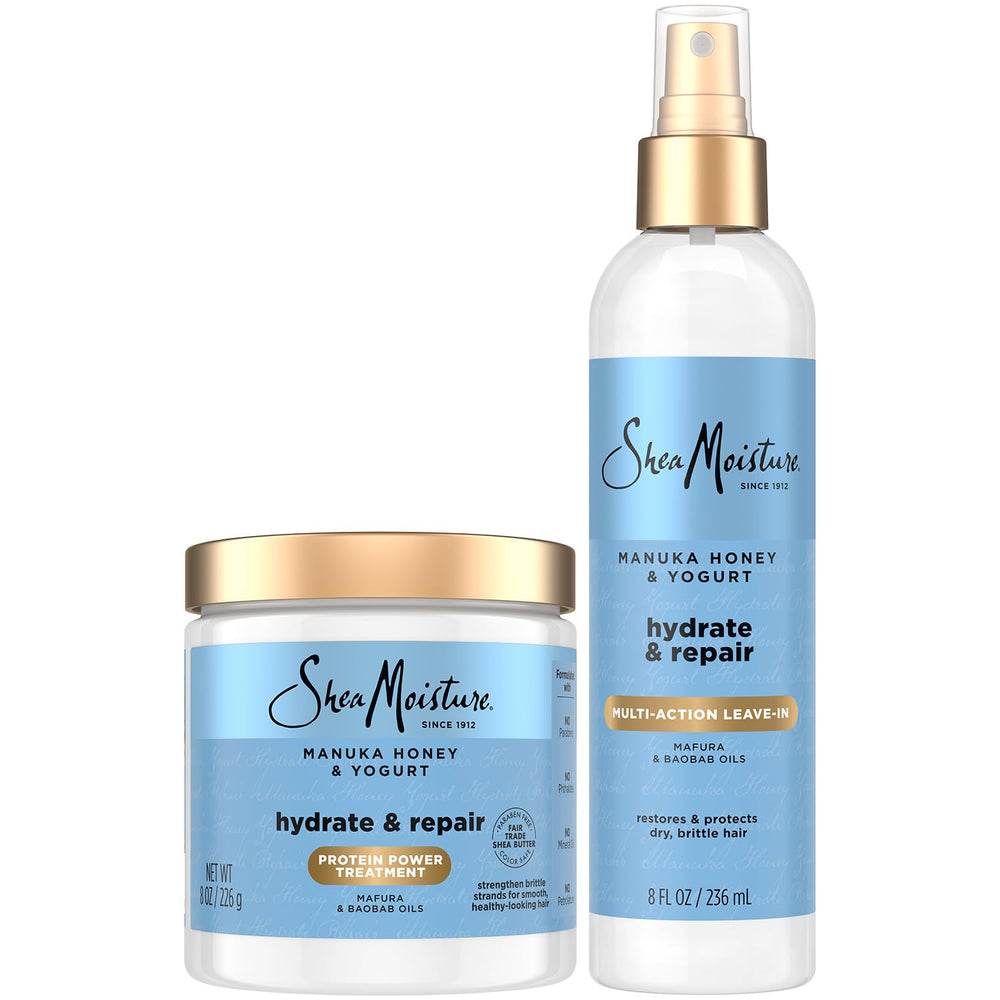 Sheamoisture Manuka Honey Yogurt Leave-In Bottle showcases nourishing hydration and frizz control.