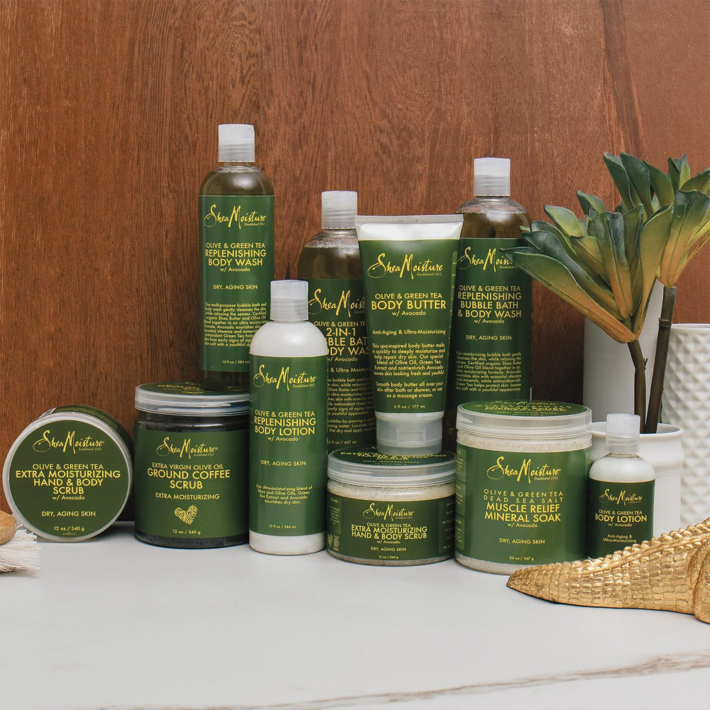 SheaMoisture Olive and Green Tea oil bath scene.