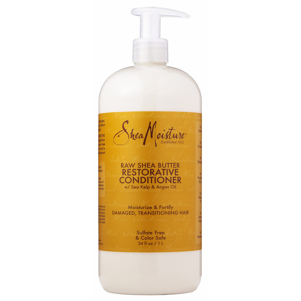 SheaMoisture Raw Shea Butter Restorative Conditioner bottle for deep hydration and detangling.