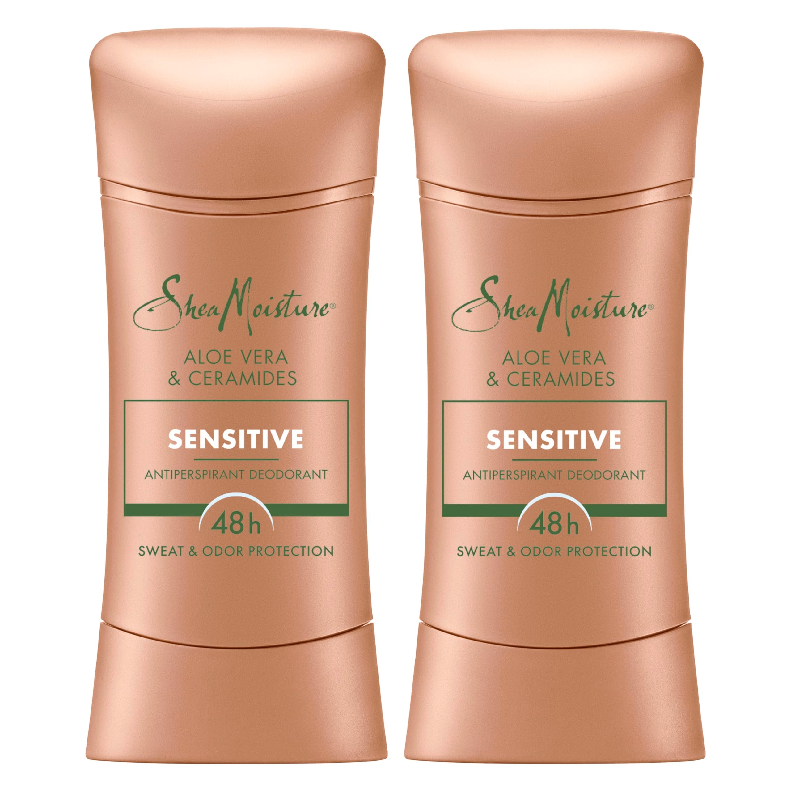 SheaMoisture Sensitive Aloe-Ceramides deodorant stick packaging highlighting a two-pack, convenient for daily use.