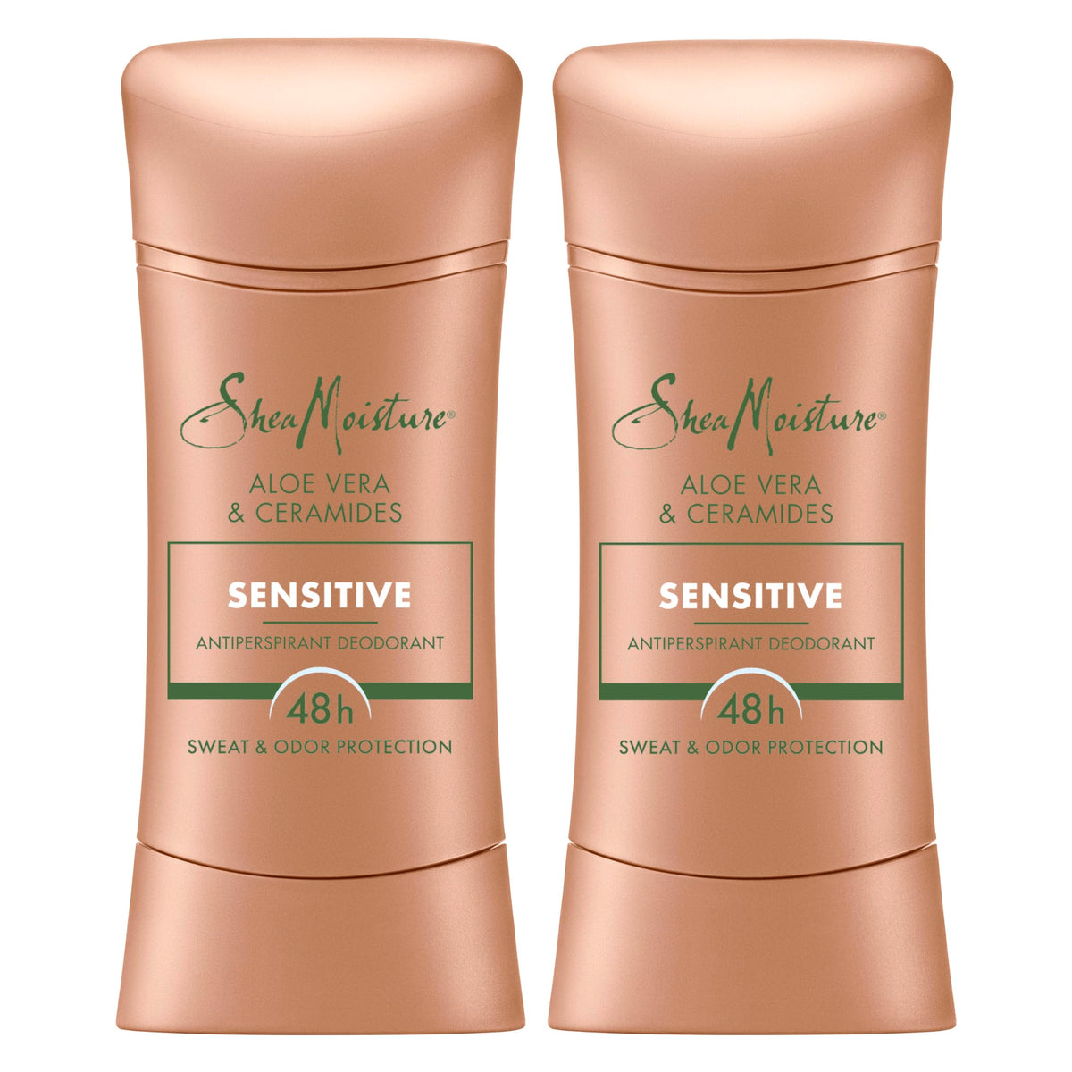 SheaMoisture Sensitive Aloe-Ceramides deodorant stick packaging highlighting a two-pack, convenient for daily use.