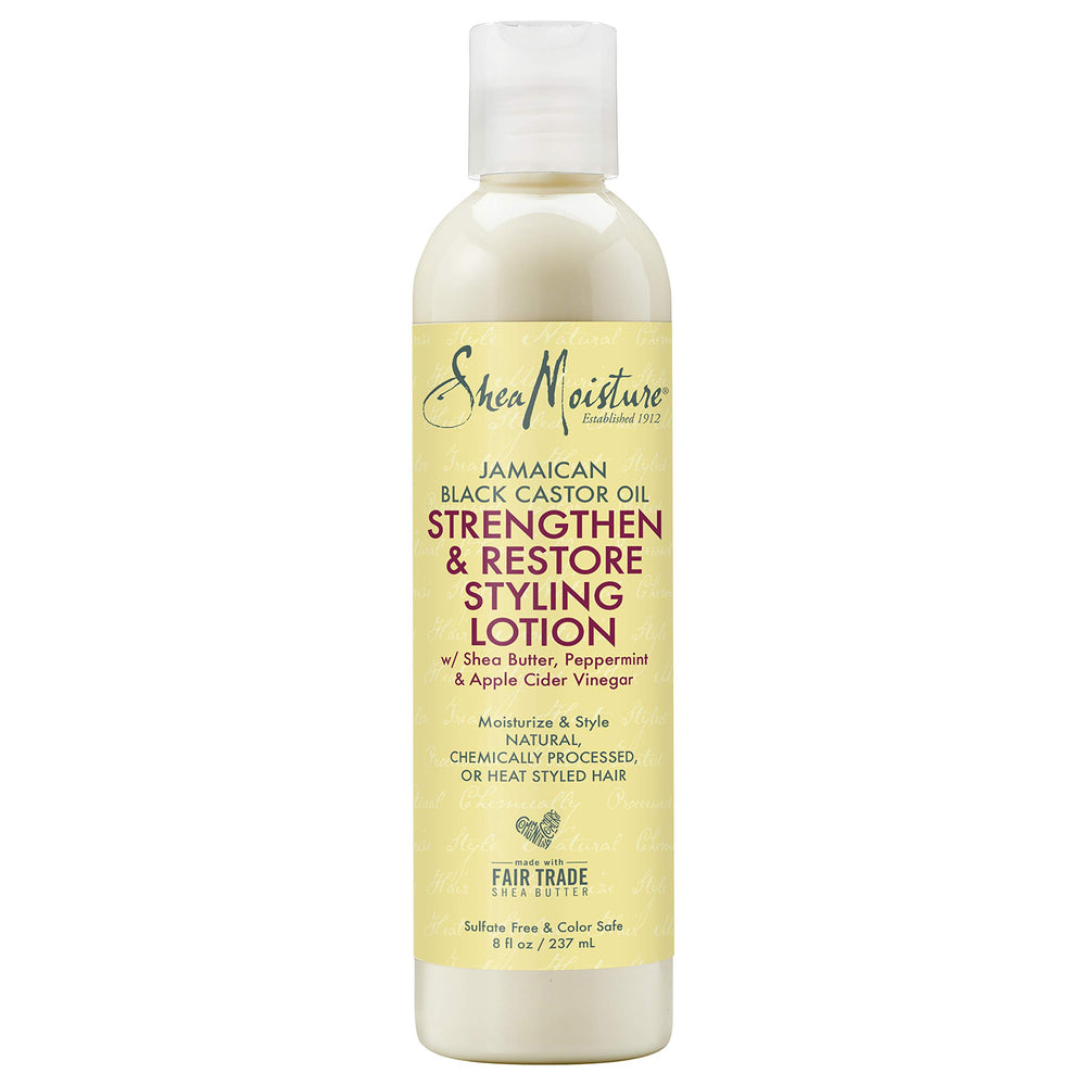 Sheamoisture Strengthen and Restore Styling Lotion bottle smoothing frizz and adding moisture