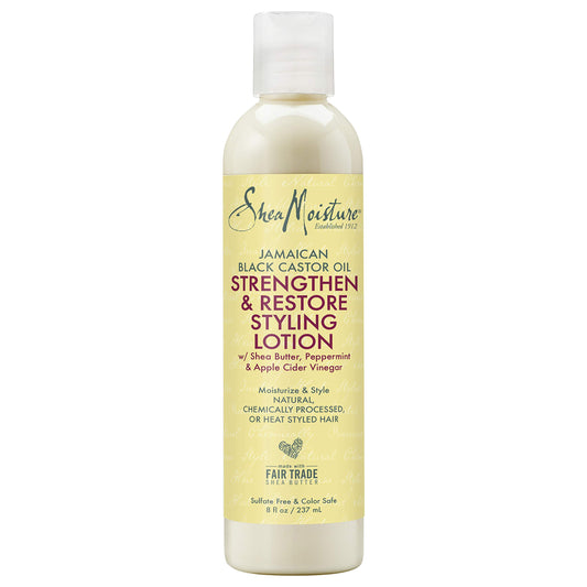 Sheamoisture Strengthen and Restore Styling Lotion bottle smoothing frizz and adding moisture