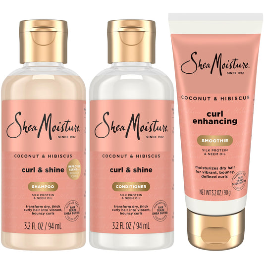 SheaMoisture Coconut & Hibiscus Shampoo travel bottle for smooth curls and refreshing cleanse.