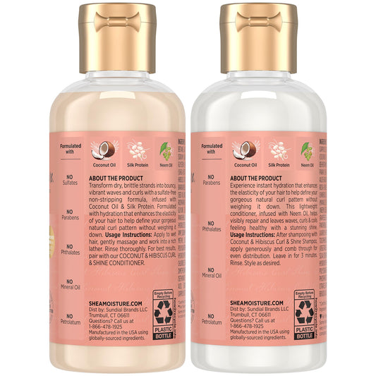 SheaMoisture travel shampoo and conditioner bottles close-up