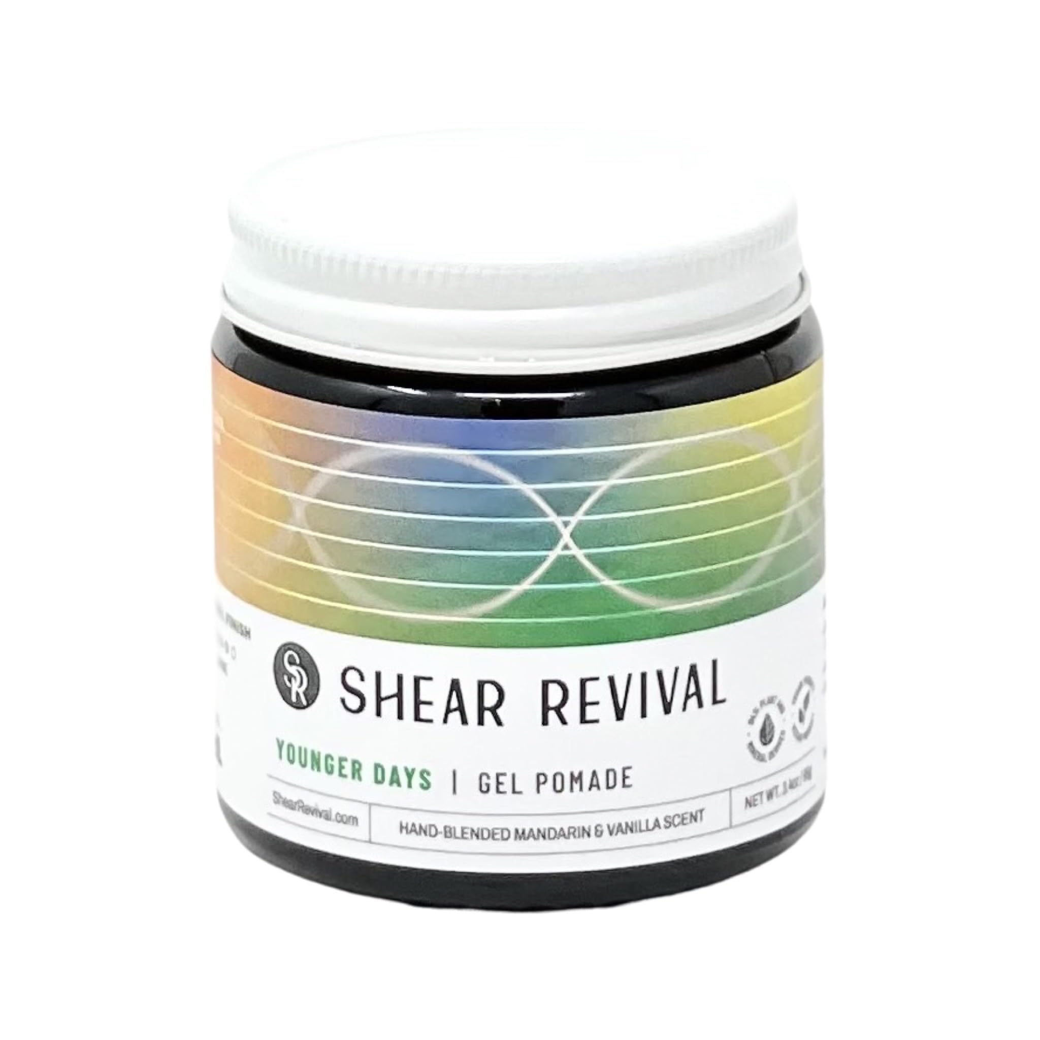Shear Revival Younger Days jar closeup, highlighting natural finish and water rinse ease