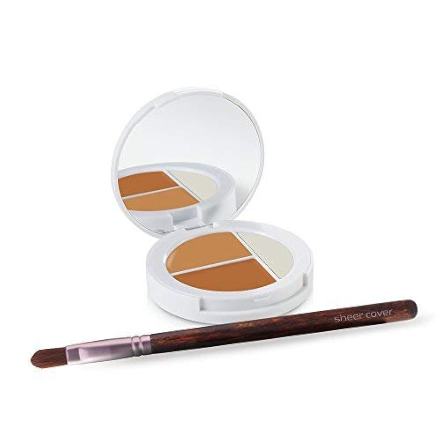 Sheer Cover Studio Conceal & Brighten Trio compact open for natural shade blending.