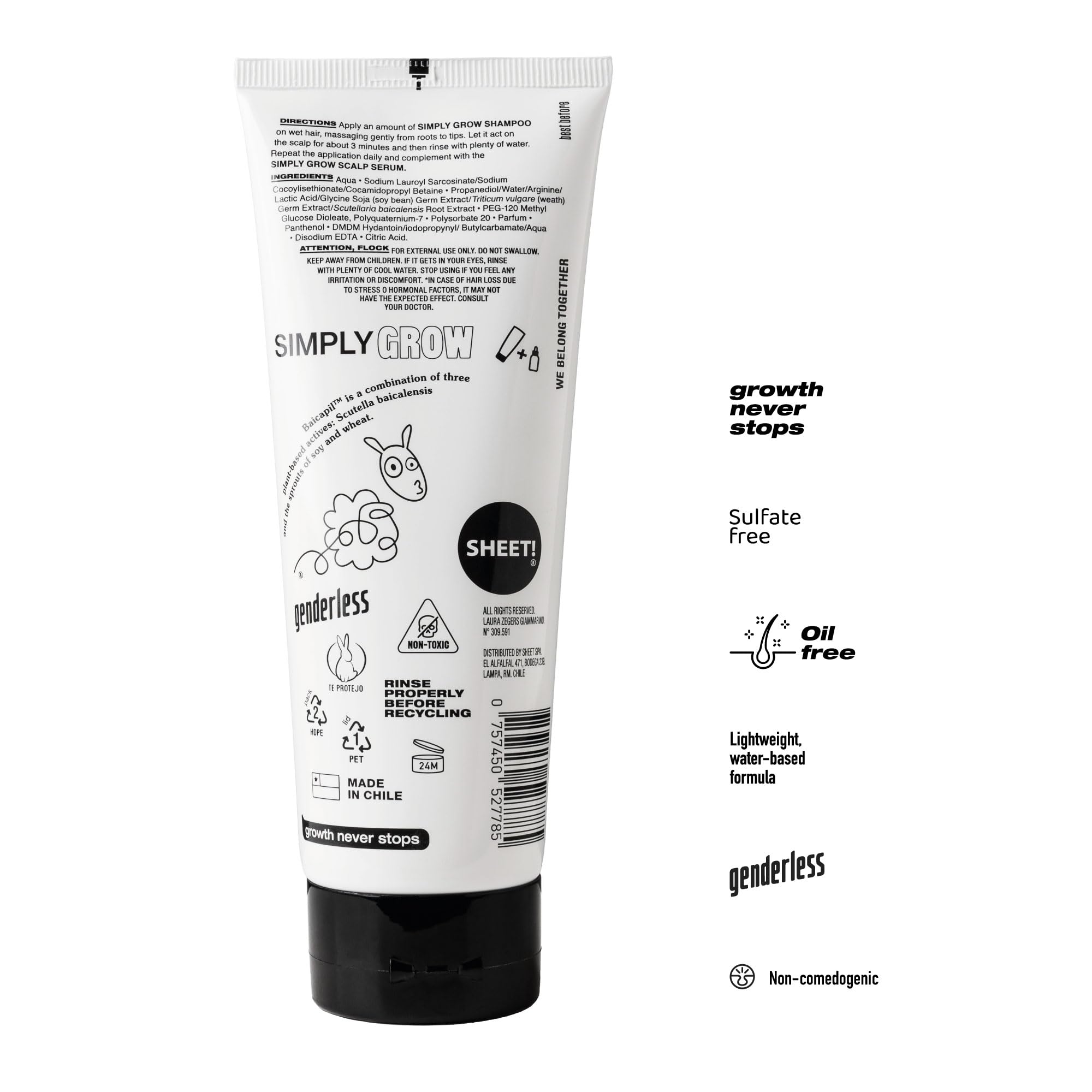 Sheet! Hair Growth Shampoo bottle label highlighting vegan, sulfate-free formula for sensitive scalps.