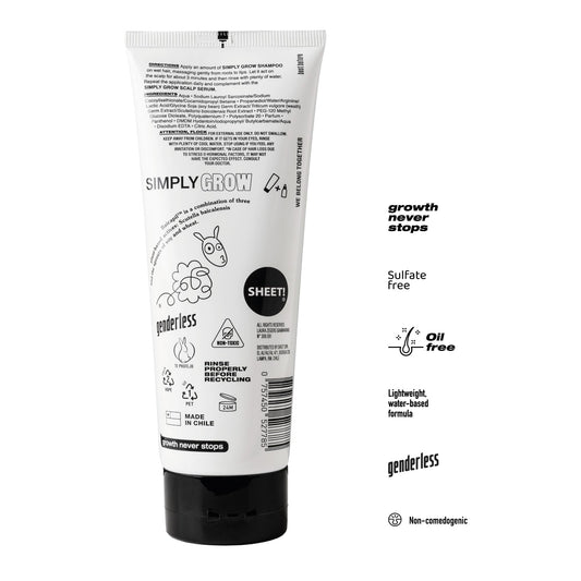 Sheet! Hair Growth Shampoo bottle label highlighting vegan, sulfate-free formula for sensitive scalps.