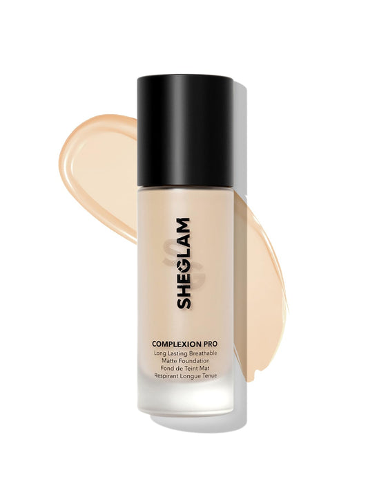 SHEGLAM full-coverage foundation porcelain bottle close-up for long-lasting coverage.