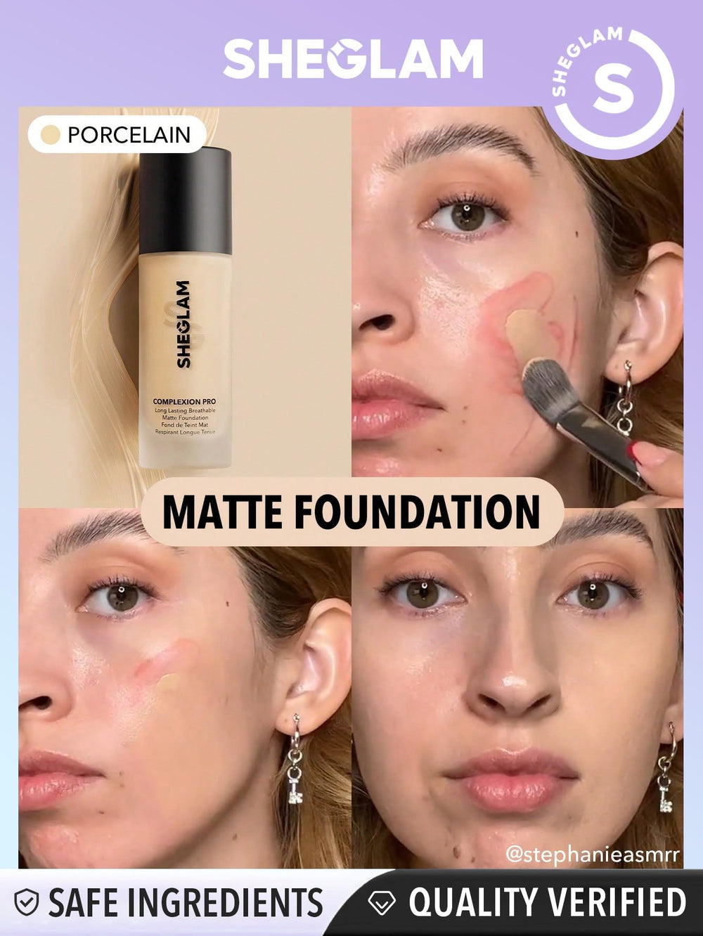 SHEGLAM porcelain foundation packaging highlighting durable bottle for all-day wear.