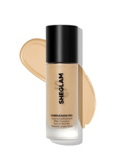 SHEGLAM full-coverage foundation bottle in Sand, showcasing premium packaging for all-day wear.